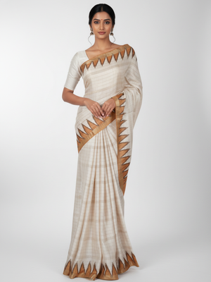 Ivory Semi Jute Silk saree with Pinal Checks With Temple Design Body, Contrast Plain Pallu & Plain Bavanji With Checks Border – Paired with Honey Contrast Pinal Checks Blouse