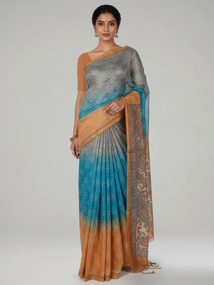 Multi Shade Semi Jute Silk saree with Pinal Checks With Bandhani Print Body, Multi Shade Print Pallu & Thin Golden Border Border – Paired with Mustard Yellow Checks With Printed Blouse