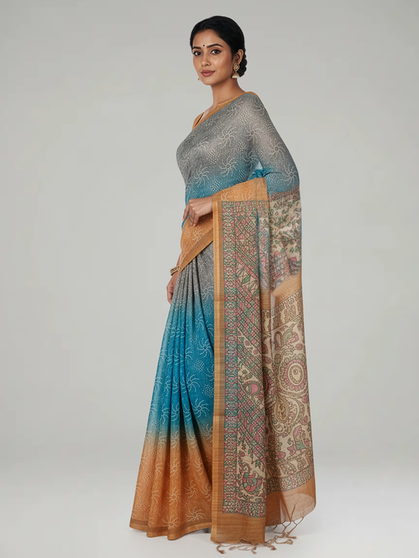 Multi Shade Semi Jute Silk saree with Pinal Checks With Bandhani Print Body, Multi Shade Print Pallu & Thin Golden Border Border – Paired with Mustard Yellow Checks With Printed Blouse