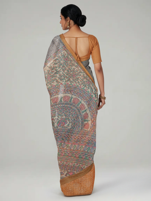 Multi Shade Semi Jute Silk saree with Pinal Checks With Bandhani Print Body, Multi Shade Print Pallu & Thin Golden Border Border – Paired with Mustard Yellow Checks With Printed Blouse
