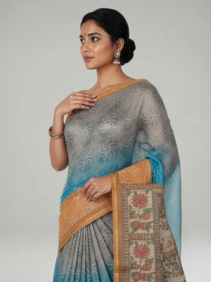 Multi Shade Semi Jute Silk saree with Pinal Checks With Bandhani Print Body, Multi Shade Print Pallu & Thin Golden Border Border – Paired with Mustard Yellow Checks With Printed Blouse