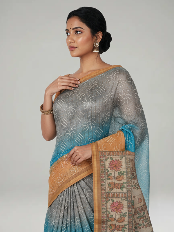 Multi Shade Semi Jute Silk saree with Pinal Checks With Bandhani Print Body, Multi Shade Print Pallu & Thin Golden Border Border – Paired with Mustard Yellow Checks With Printed Blouse