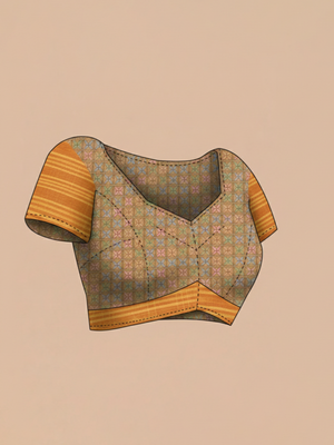 Multi Shade Semi Jute Silk saree with Pinal Checks With Bandhani Print Body, Multi Shade Print Pallu & Thin Golden Border Border – Paired with Mustard Yellow Checks With Printed Blouse
