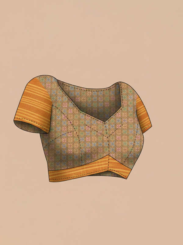 Multi Shade Semi Jute Silk saree with Pinal Checks With Bandhani Print Body, Multi Shade Print Pallu & Thin Golden Border Border – Paired with Mustard Yellow Checks With Printed Blouse