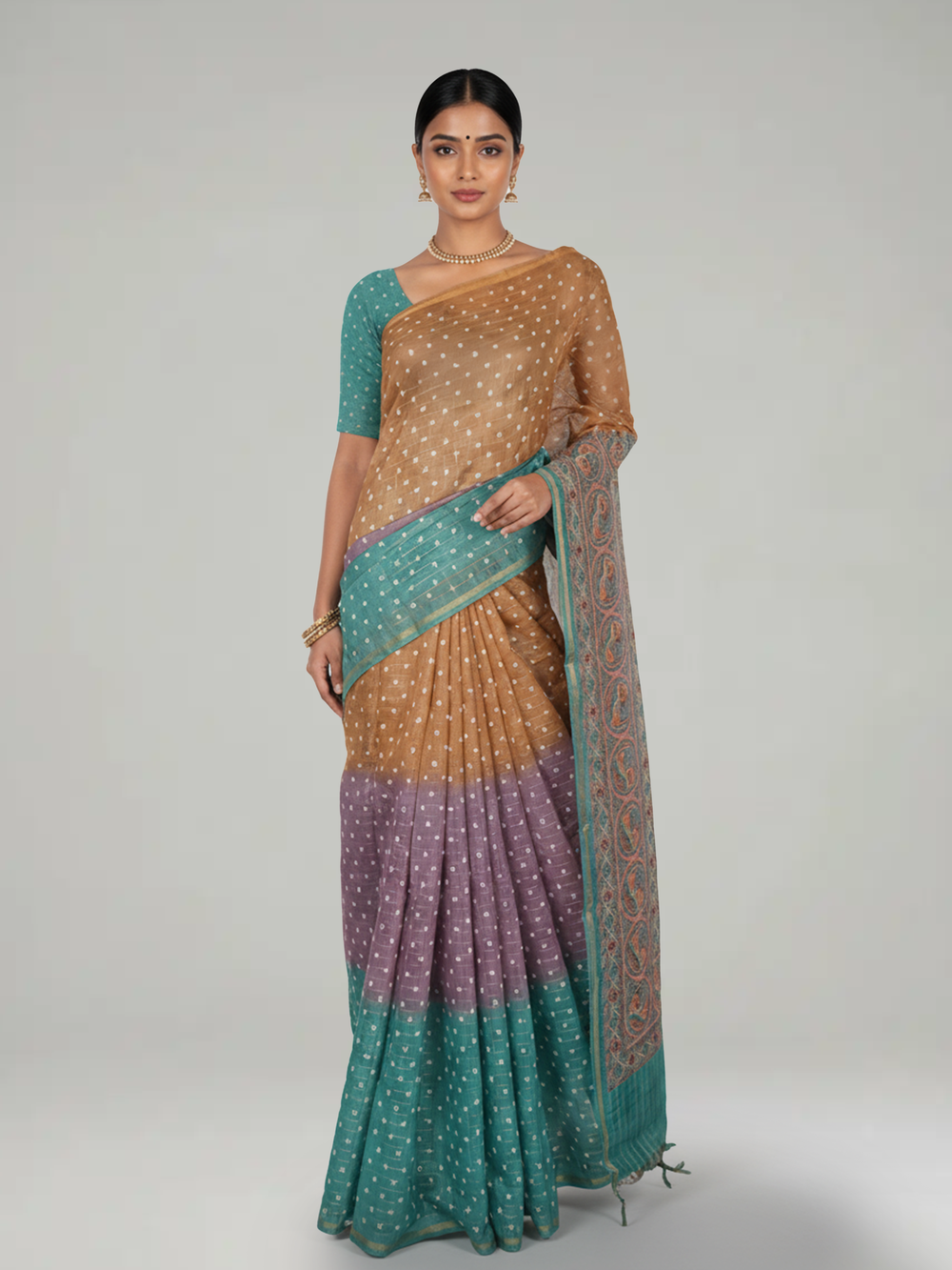 Multi Shade Semi Silk Saree with Pinal Checks With Bandhani Print Body, Multi Shade Print Pallu & Thin Bavanji Border Border – Paired with Jade Green Checks With Prints Blouse