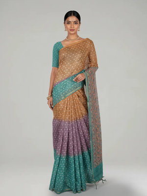 Multi Shade Semi Silk Saree with Pinal Checks With Bandhani Print Body, Multi Shade Print Pallu & Thin Bavanji Border Border – Paired with Jade Green Checks With Prints Blouse