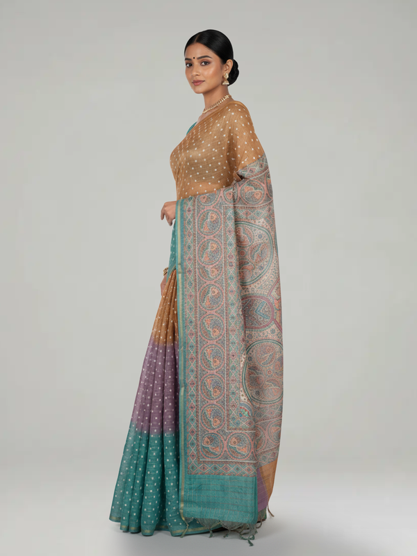 Multi Shade Semi Silk Saree with Pinal Checks With Bandhani Print Body, Multi Shade Print Pallu & Thin Bavanji Border Border – Paired with Jade Green Checks With Prints Blouse