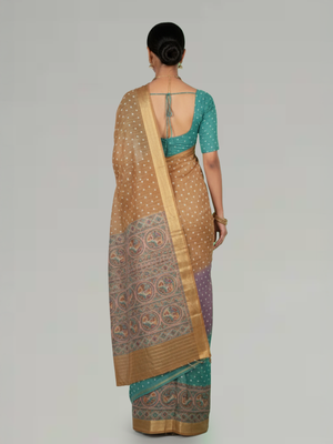 Multi Shade Semi Silk Saree with Pinal Checks With Bandhani Print Body, Multi Shade Print Pallu & Thin Bavanji Border Border – Paired with Jade Green Checks With Prints Blouse