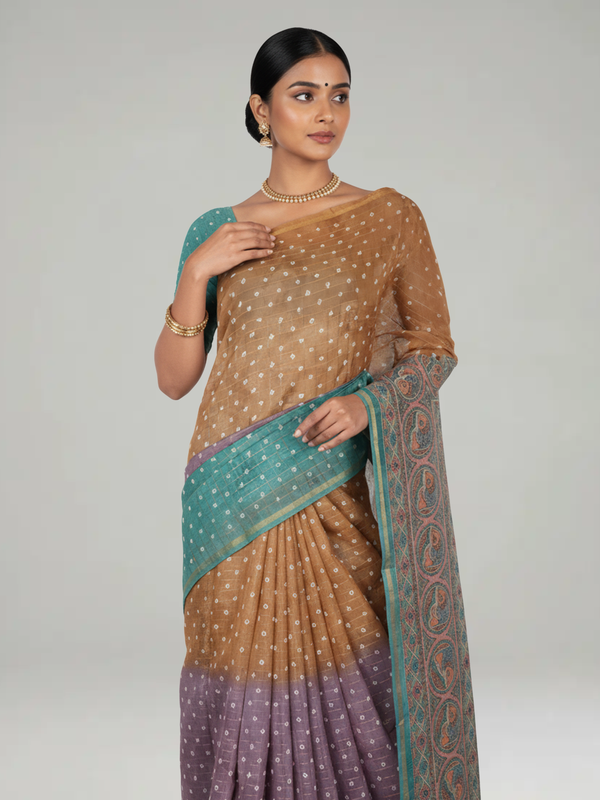 Multi Shade Semi Silk Saree with Pinal Checks With Bandhani Print Body, Multi Shade Print Pallu & Thin Bavanji Border Border – Paired with Jade Green Checks With Prints Blouse