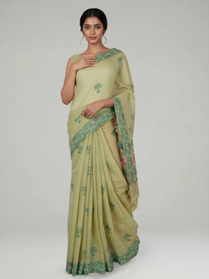 Pista Green Semi Chanderi with Spreaded Tree Buttas Body, Warli Print Pallu & Landscape Border – Paired with Double Shade Pink Butta Design With Border Blouse
