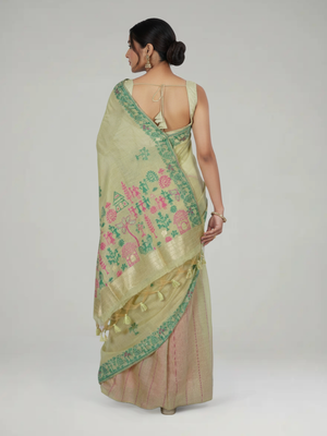 Pista Green Semi Chanderi with Spreaded Tree Buttas Body, Warli Print Pallu & Landscape Border – Paired with Double Shade Pink Butta Design With Border Blouse