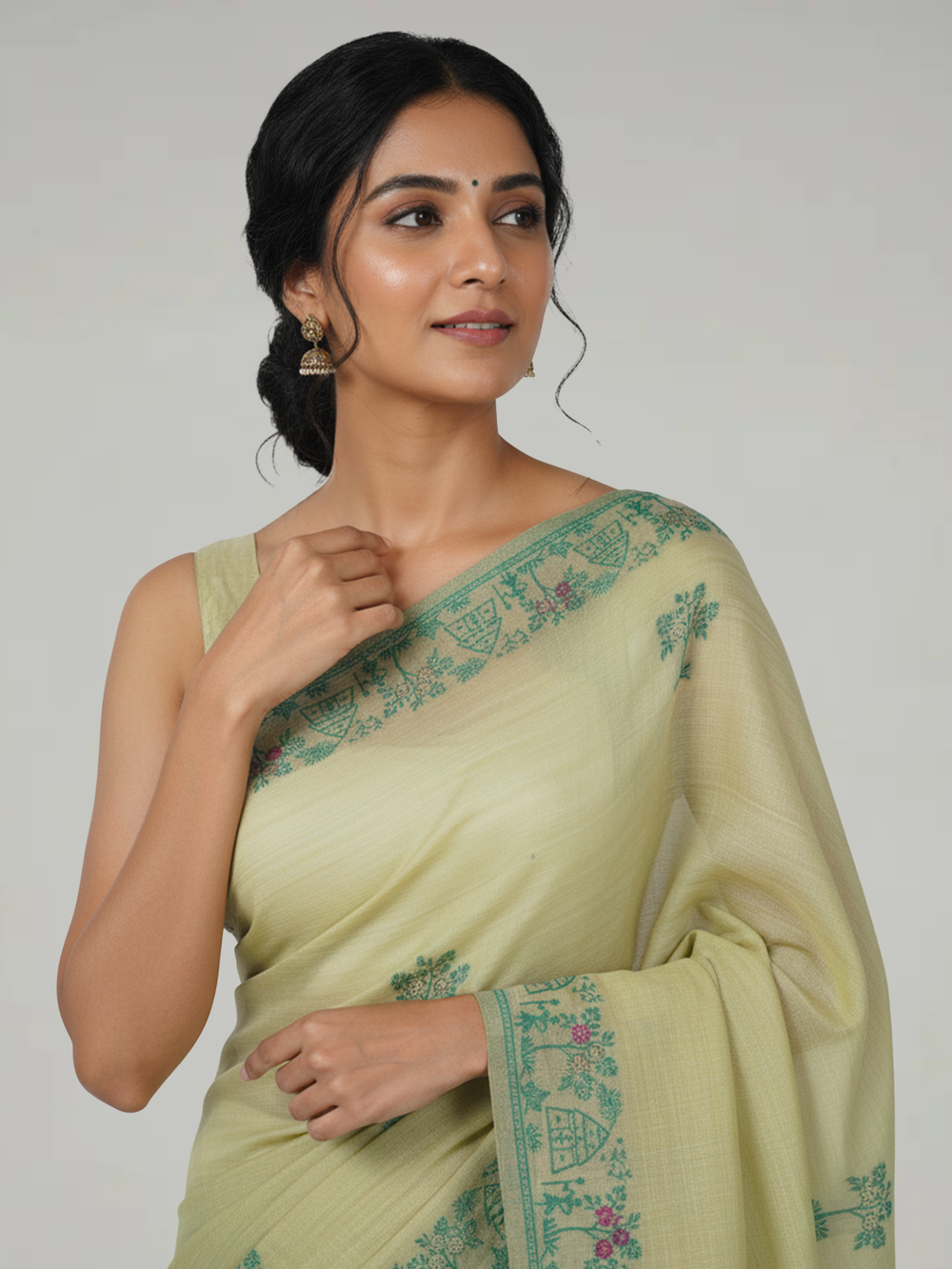 Pista Green Semi Chanderi with Spreaded Tree Buttas Body, Warli Print Pallu & Landscape Border – Paired with Double Shade Pink Butta Design With Border Blouse