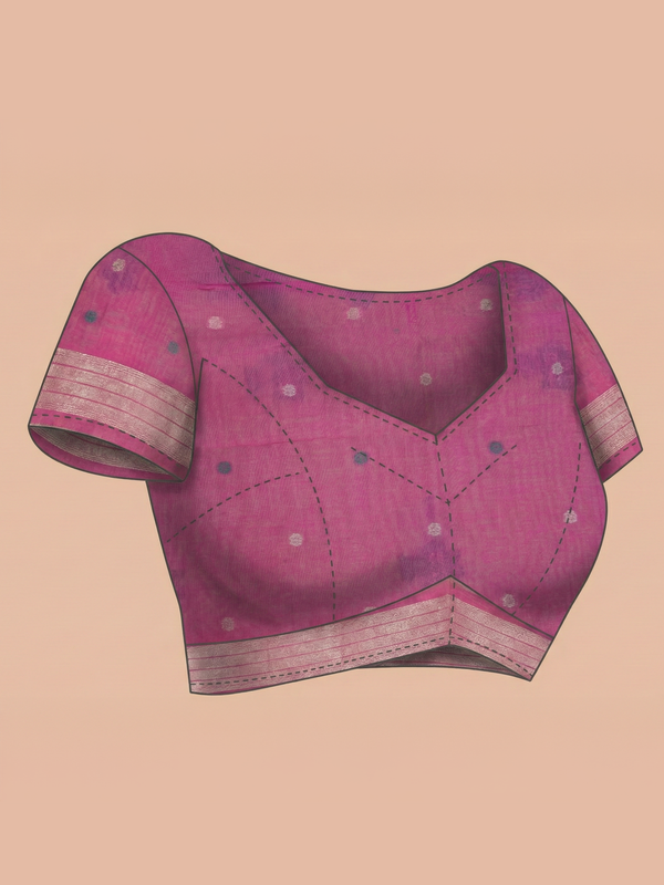 Pista Green Semi Chanderi with Spreaded Tree Buttas Body, Warli Print Pallu & Landscape Border – Paired with Double Shade Pink Butta Design With Border Blouse