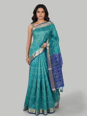 Teal Blue Semi Jute Silk saree with Printed Body, Contrast With Printed Pallu & Plain Bavanji Border Border – Paired with Egyption Blue Plain With Border Blouse