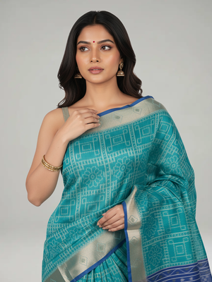 Teal Blue Semi Jute Silk saree with Printed Body, Contrast With Printed Pallu & Plain Bavanji Border Border – Paired with Egyption Blue Plain With Border Blouse