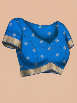 Teal Blue Semi Jute Silk saree with Printed Body, Contrast With Printed Pallu & Plain Bavanji Border Border – Paired with Egyption Blue Plain With Border Blouse