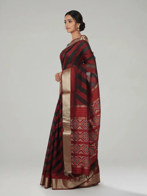 Maroon Ikat Semi Silk Saree with Diagonal pattern Body, Ikat Pattern Pallu & Antic Gold Bavanji Border Border – Paired with Maroon Ikat Design Blouse