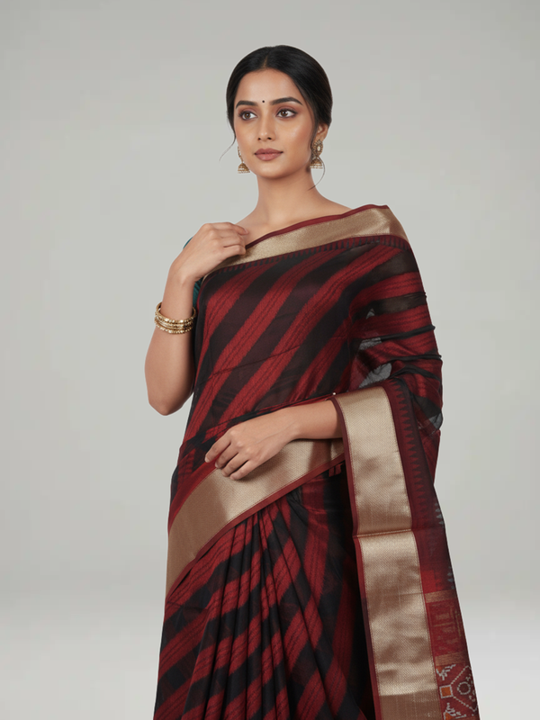 Maroon Ikat Semi Silk Saree with Diagonal pattern Body, Ikat Pattern Pallu & Antic Gold Bavanji Border Border – Paired with Maroon Ikat Design Blouse