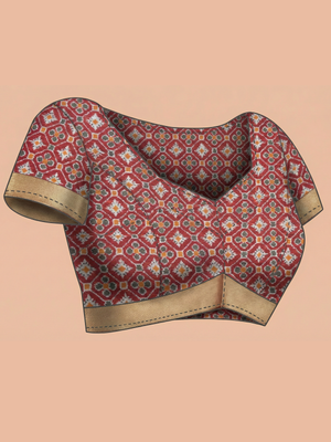 Maroon Ikat Semi Silk Saree with Diagonal pattern Body, Ikat Pattern Pallu & Antic Gold Bavanji Border Border – Paired with Maroon Ikat Design Blouse