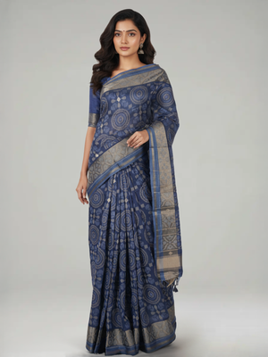Steel Blue Semi Jute Silk saree with Printed Body, Printed Pallu & Plain With Bavanji Border Border – Paired with Steel Blue Plain With Border Blouse