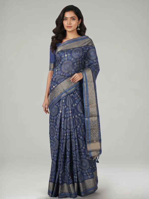 Steel Blue Semi Jute Silk saree with Printed Body, Printed Pallu & Plain With Bavanji Border Border – Paired with Steel Blue Plain With Border Blouse