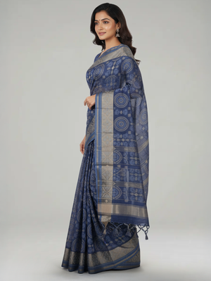 Steel Blue Semi Jute Silk saree with Printed Body, Printed Pallu & Plain With Bavanji Border Border – Paired with Steel Blue Plain With Border Blouse