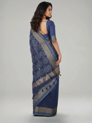 Steel Blue Semi Jute Silk saree with Printed Body, Printed Pallu & Plain With Bavanji Border Border – Paired with Steel Blue Plain With Border Blouse