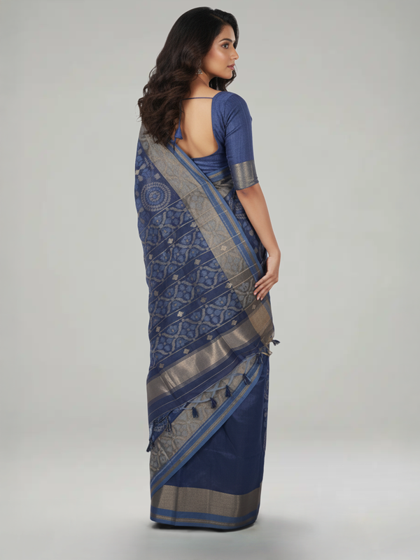 Steel Blue Semi Jute Silk saree with Printed Body, Printed Pallu & Plain With Bavanji Border Border – Paired with Steel Blue Plain With Border Blouse