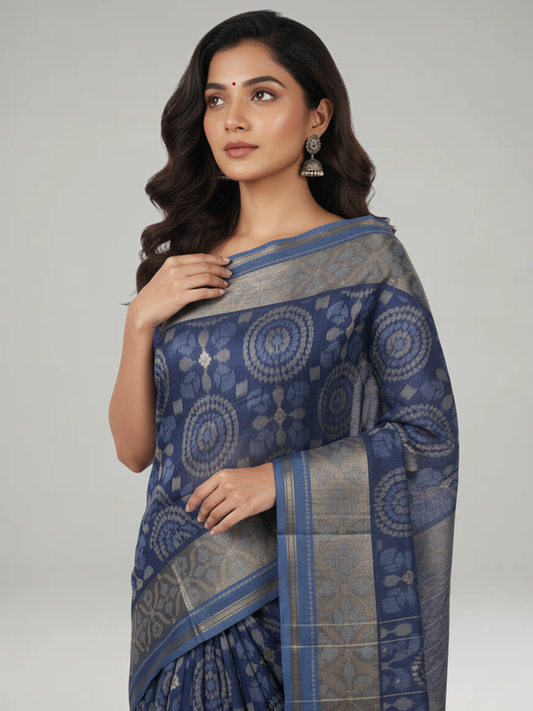 Steel Blue Semi Jute Silk saree with Printed Body, Printed Pallu & Plain With Bavanji Border Border – Paired with Steel Blue Plain With Border Blouse