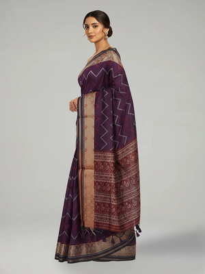 Purple Semi Jute Silk saree with Zig Zag Pattern Body, Contrast Maroon With Ikat Pallu & Ikat Border – Paired with Maroon Printed Blouse