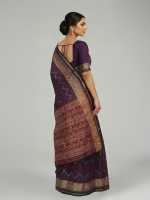 Purple Semi Jute Silk saree with Zig Zag Pattern Body, Contrast Maroon With Ikat Pallu & Ikat Border – Paired with Maroon Printed Blouse