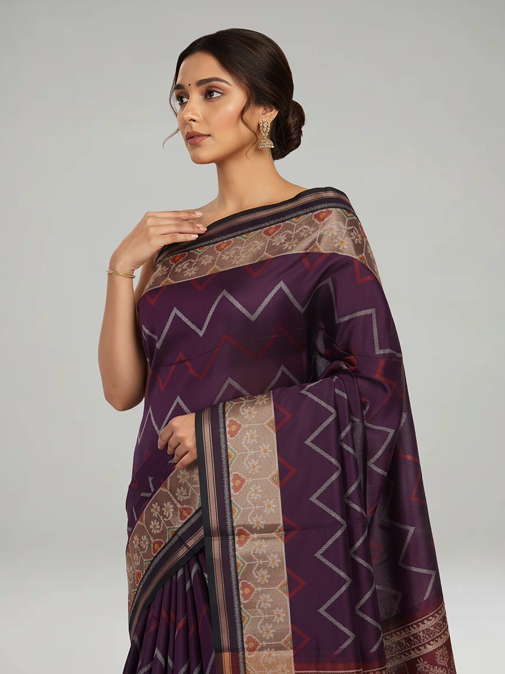 Purple Semi Jute Silk saree with Zig Zag Pattern Body, Contrast Maroon With Ikat Pallu & Ikat Border – Paired with Maroon Printed Blouse