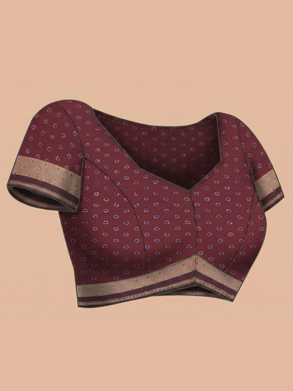 Purple Semi Jute Silk saree with Zig Zag Pattern Body, Contrast Maroon With Ikat Pallu & Ikat Border – Paired with Maroon Printed Blouse