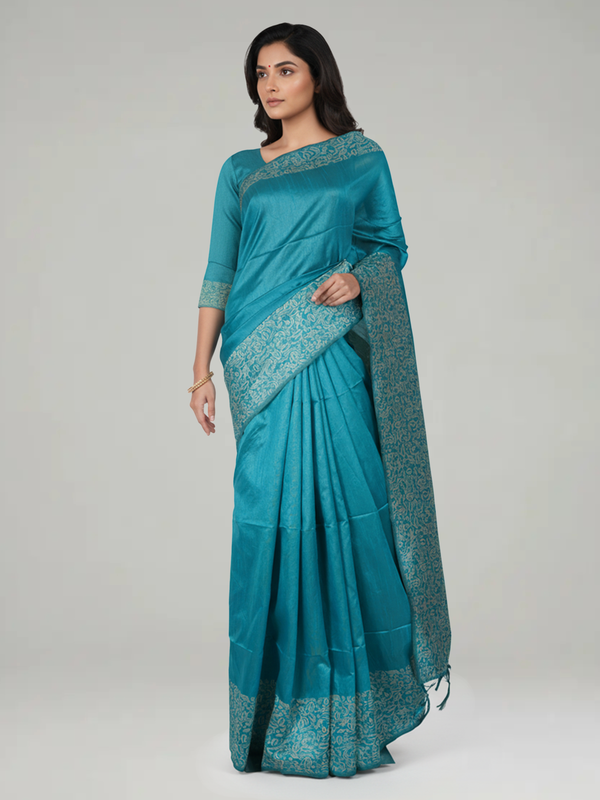 Peacock Blue Ikat Semi Silk Saree with Plain Body, Leaf And Birds Design Pallu & Leaf And Birds Design Border – Paired with Peacock Blue Plain With Border Blouse