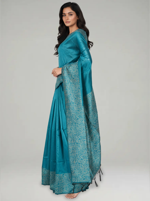 Peacock Blue Ikat Semi Silk Saree with Plain Body, Leaf And Birds Design Pallu & Leaf And Birds Design Border – Paired with Peacock Blue Plain With Border Blouse