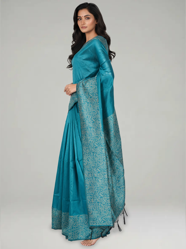 Peacock Blue Ikat Semi Silk Saree with Plain Body, Leaf And Birds Design Pallu & Leaf And Birds Design Border – Paired with Peacock Blue Plain With Border Blouse