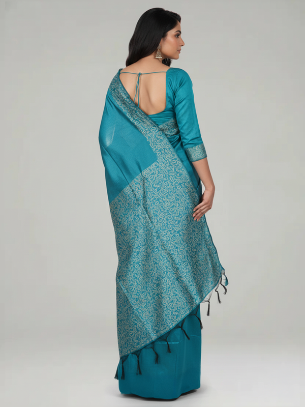 Peacock Blue Ikat Semi Silk Saree with Plain Body, Leaf And Birds Design Pallu & Leaf And Birds Design Border – Paired with Peacock Blue Plain With Border Blouse