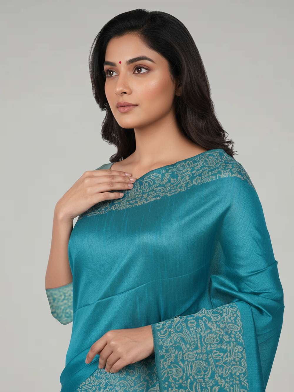 Peacock Blue Ikat Semi Silk Saree with Plain Body, Leaf And Birds Design Pallu & Leaf And Birds Design Border – Paired with Peacock Blue Plain With Border Blouse