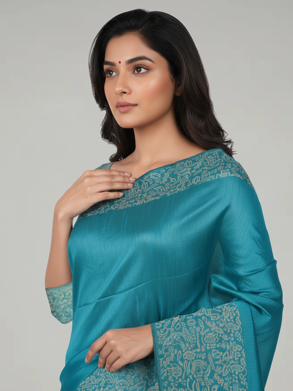 Peacock Blue Ikat Semi Silk Saree with Plain Body, Leaf And Birds Design Pallu & Leaf And Birds Design Border – Paired with Peacock Blue Plain With Border Blouse