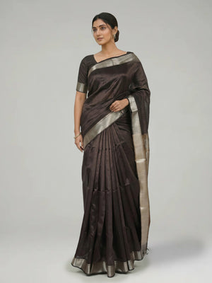Coffee Brown Semi Jute Silk saree with Plain With Border Body, Digital Print With Border Pallu & Water zari With Temple Design Border – Paired with Chikku Digital Printed With Border Blouse