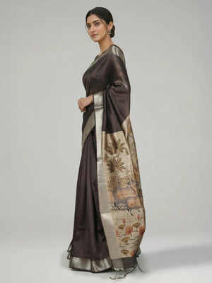 Coffee Brown Semi Jute Silk saree with Plain With Border Body, Digital Print With Border Pallu & Water zari With Temple Design Border – Paired with Chikku Digital Printed With Border Blouse
