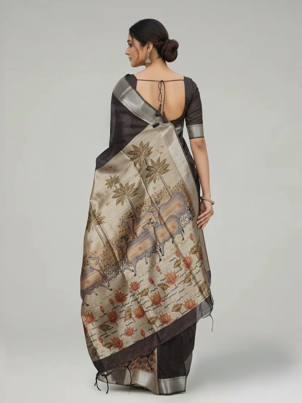 Coffee Brown Semi Jute Silk saree with Plain With Border Body, Digital Print With Border Pallu & Water zari With Temple Design Border – Paired with Chikku Digital Printed With Border Blouse