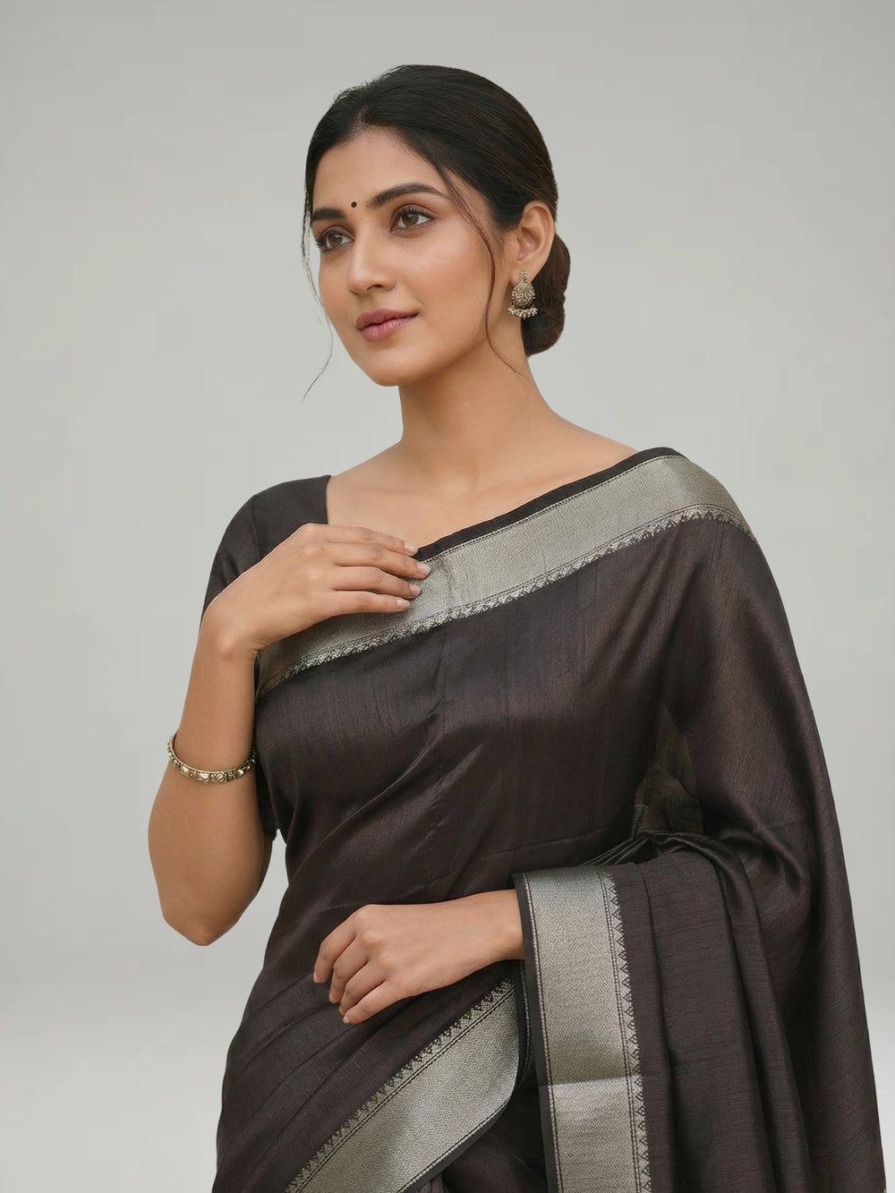 Coffee Brown Semi Jute Silk saree with Plain With Border Body, Digital Print With Border Pallu & Water zari With Temple Design Border – Paired with Chikku Digital Printed With Border Blouse
