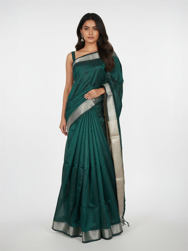 Green Semi Jute Silk saree with Plain Body, Printed Pallu & Plain With Bavanji Border Border – Paired with Light Ivory Brown Contrast Printed Blouse