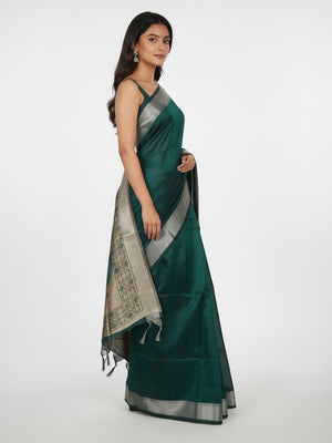 Green Semi Jute Silk saree with Plain Body, Printed Pallu & Plain With Bavanji Border Border – Paired with Light Ivory Brown Contrast Printed Blouse