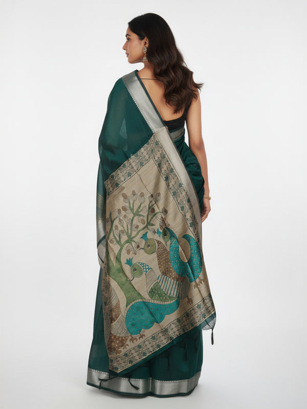 Green Semi Jute Silk saree with Plain Body, Printed Pallu & Plain With Bavanji Border Border – Paired with Light Ivory Brown Contrast Printed Blouse