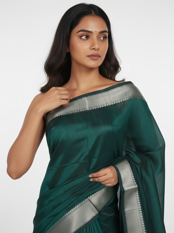 Green Semi Jute Silk saree with Plain Body, Printed Pallu & Plain With Bavanji Border Border – Paired with Light Ivory Brown Contrast Printed Blouse