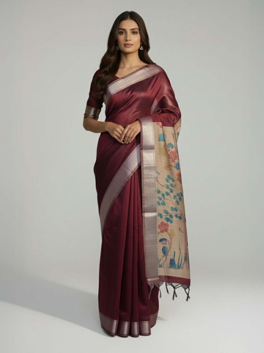Maroon Semi Jute Silk saree with Plain Body, Floral And Landscape Design Pallu & Plain Bavanji Border Border – Paired with Light Ivory Brown Contrast Printed Blouse
