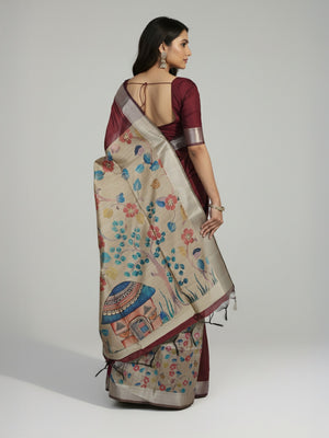 Maroon Semi Jute Silk saree with Plain Body, Floral And Landscape Design Pallu & Plain Bavanji Border Border – Paired with Light Ivory Brown Contrast Printed Blouse