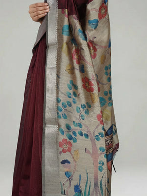 Maroon Semi Jute Silk saree with Plain Body, Floral And Landscape Design Pallu & Plain Bavanji Border Border – Paired with Light Ivory Brown Contrast Printed Blouse